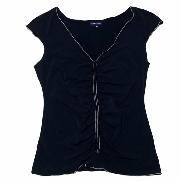 MAX Edition Black Cinched Cap Sleeve V-Neck Blouse - Picture 5 of 11